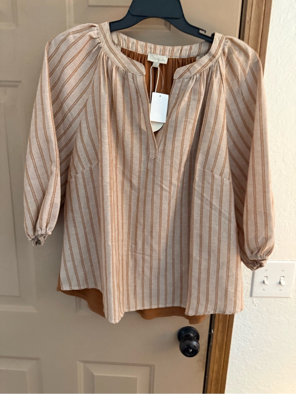 Chenault Cream and Tan Striped Peasant Tunic